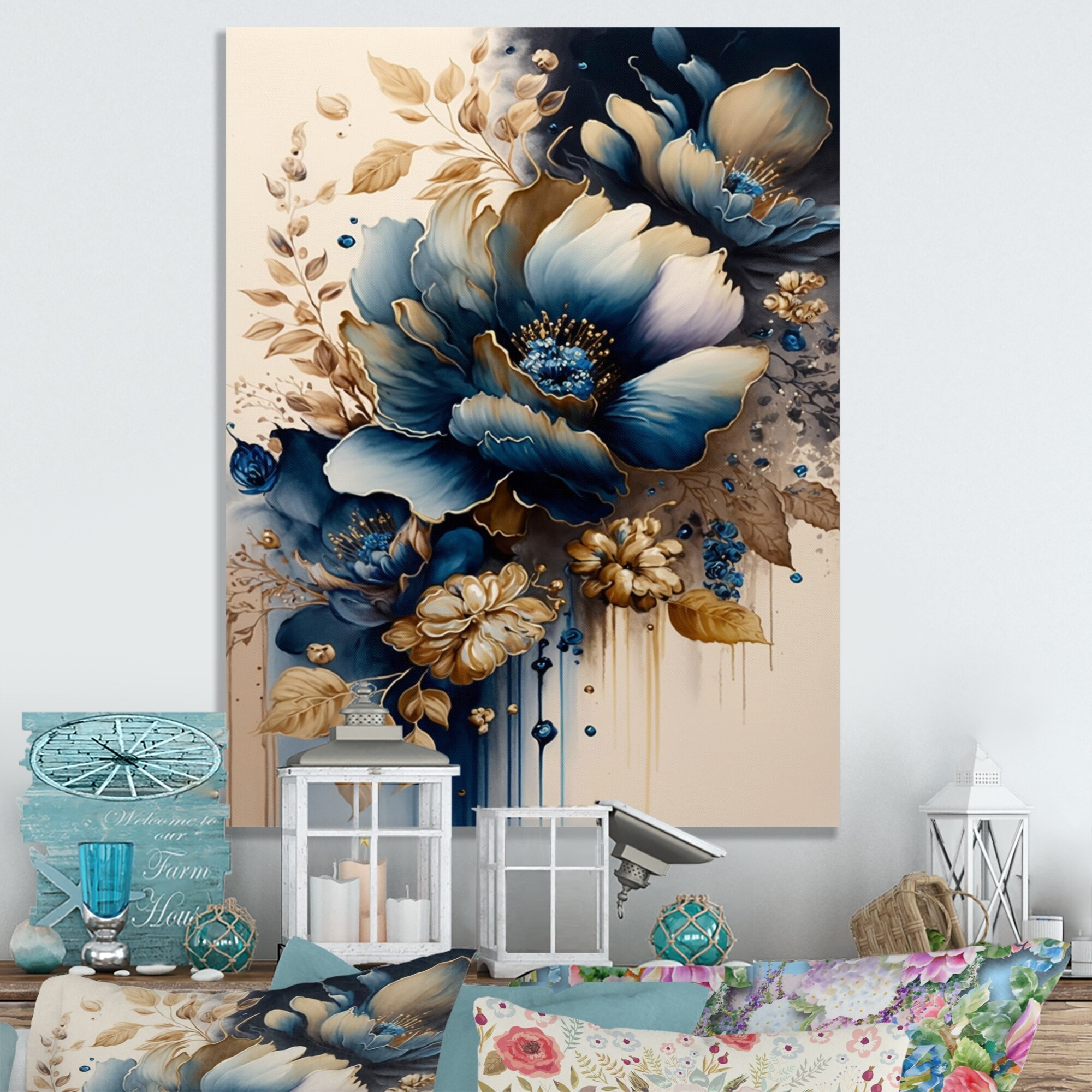 Designart 'Deep Blue And Gold Single Flower VI' Floral & Botanical ...