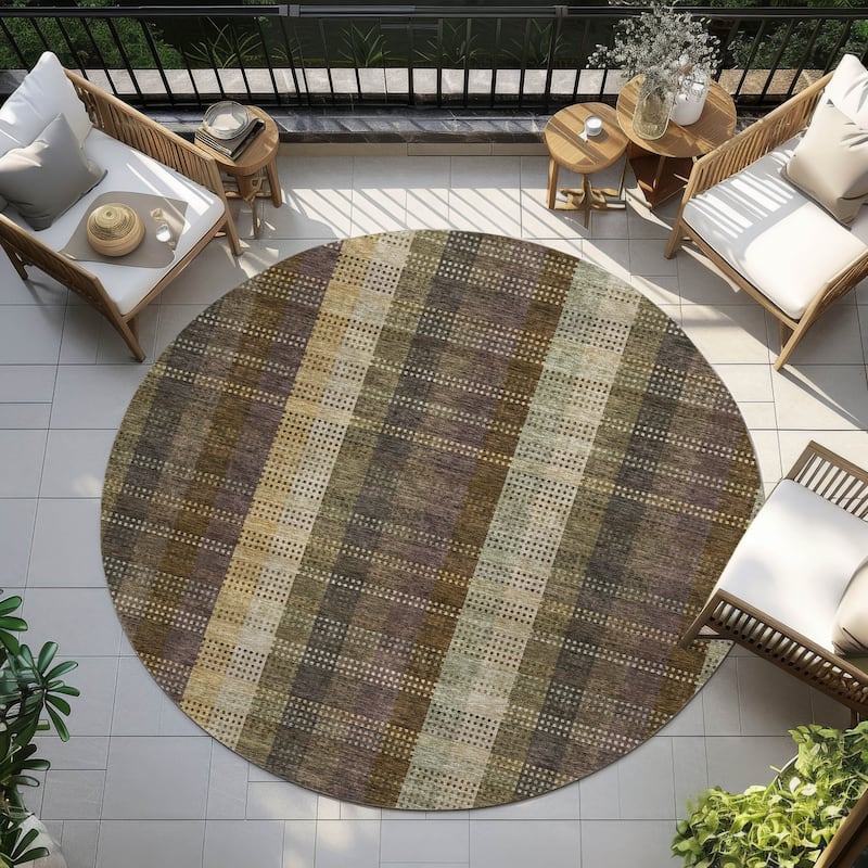 Machine Washable Indoor/ Outdoor Modern Plaid Chantille Rug - Brown - 8' x 8'