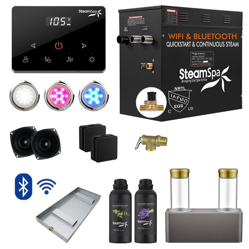 Black Series 12kw Steam Bath Generator with Wireless Remote, Bluetooth, WIFI, and Dual Aroma Pump - 12 KW - Matte Black
