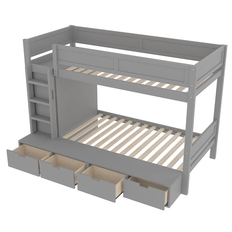 Roomfitters Twin over Twin/Full Bunk Bed with Wardrobe and 4 Drawers, Solid Wood Frame