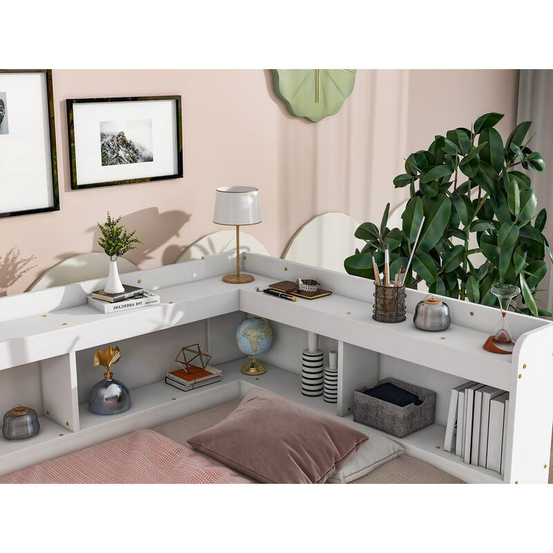 Full Bed with L-Shaped Bookcase and Storage Drawers, Space-Saving Design