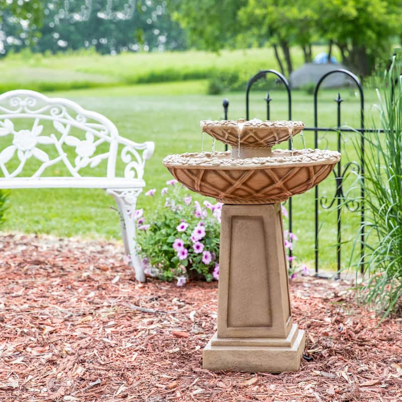2-Tier Beveled Flower Outdoor Water Fountain 28" Garden Patio Feature