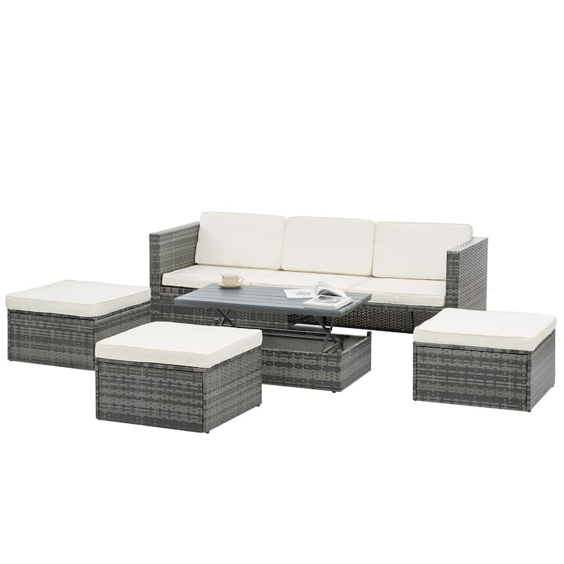 5 Pieces PE Wicker Outdoor Sectional Sofa Set with Lift-Top Coffee Table