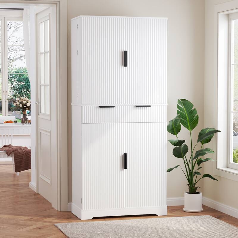 72" Fluted Kitchen Pantry Cabinet with 3 Keyboard Drawers & 6 Door Shelves Adjustable, Freestanding Cupboard Storage Cabinet