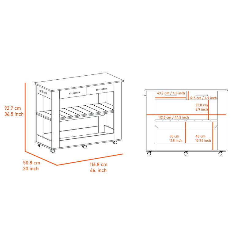 Brooklyn 46 Kitchen Island, Two Shelves, Two Drawers