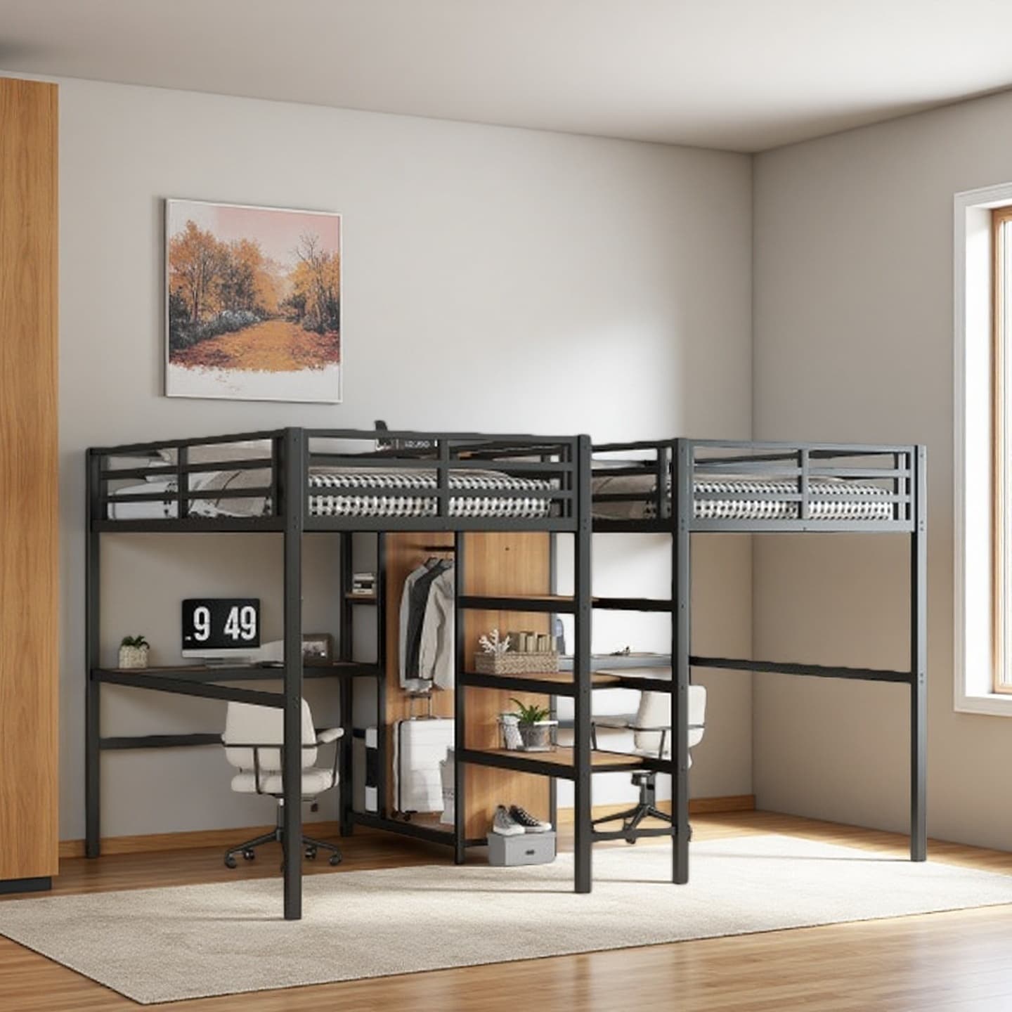 Twin over Twin Metal Loft Bed with Double Desk, Wardrobe, and Shelves, Built-In Electrical Outlets, Space-Saving Design