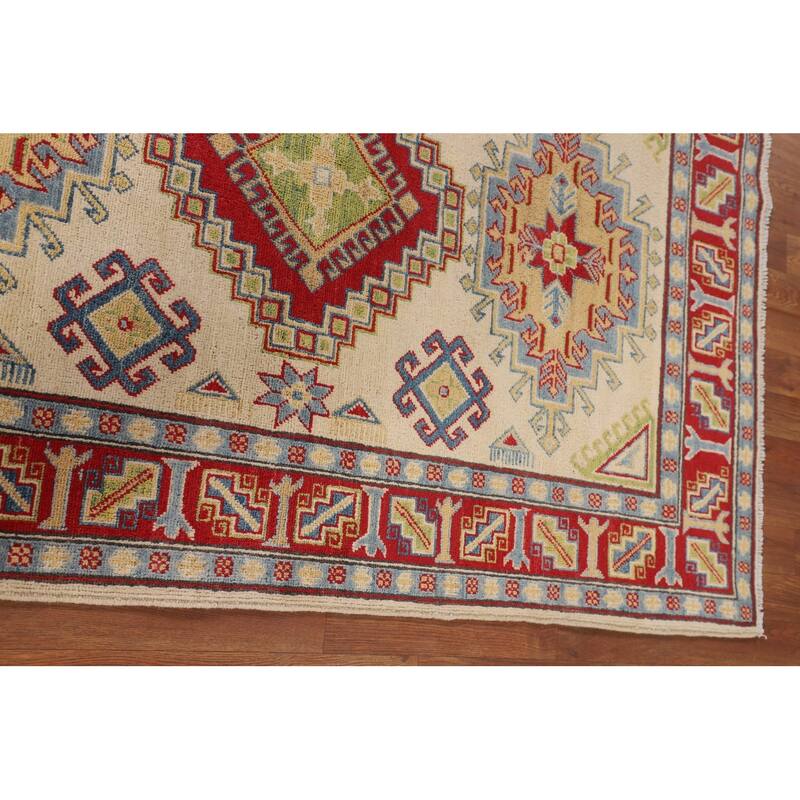 Geometric Kazak Oriental Area Rug Handmade Beige Wool Carpet - 3'11" x 6'0"