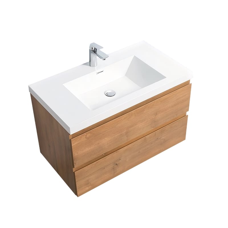 Floating Bathroom Vanity 24"-48" – Smoked Oak Finish, White Integrated Sink
