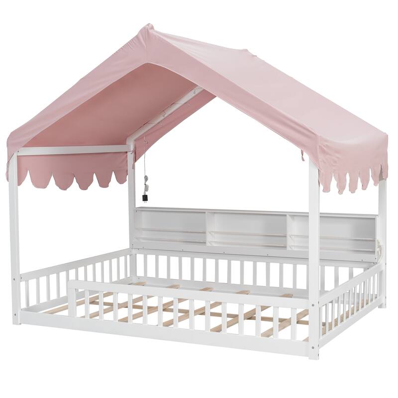 Full Size House-Shaped Daybed with Storage Bookshelves, Canopy Curtain and LED Light, Wooden Floor Bed with Fence