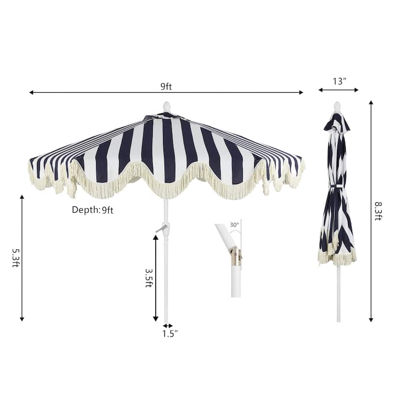 9ft Tassel Patio Umbrella Auto-Tilt, Crank , by JONATHAN Y