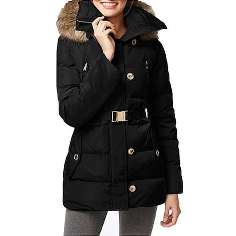 MICHAEL KORS Womans Black Hooded Belted Quilted Puffer Down Coat