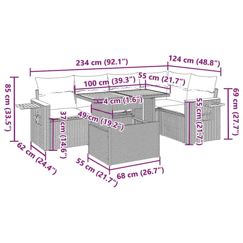 vidaXL Patio Sofa Set with Cushions Outdoor Furniture 6 Piece Poly Rattan - 21.7 x 24.4 x 27.2
