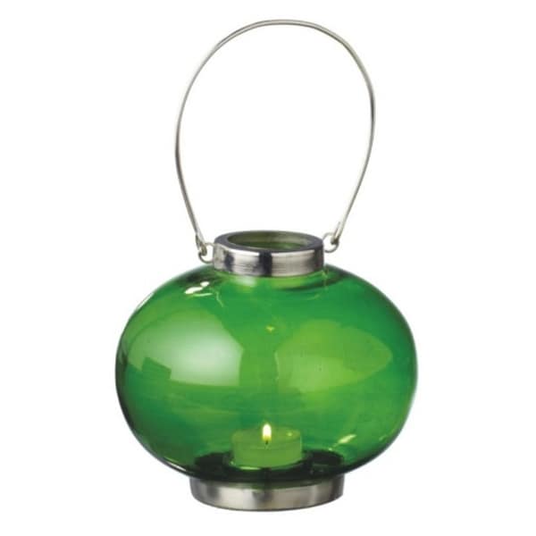 5.5" Fancy Fair Round Silver and Green Retro Glass Tea Light Candle Holder Lantern. Opens flyout.