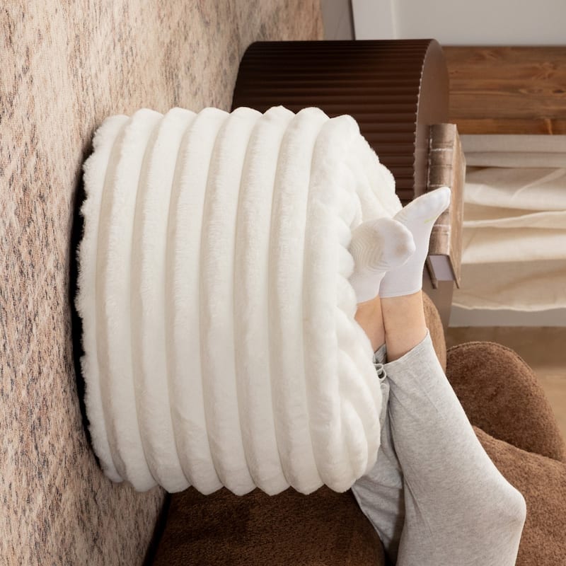 Plush Faux Fur Ribbed Pouf Ottoman - 22" - Cream
