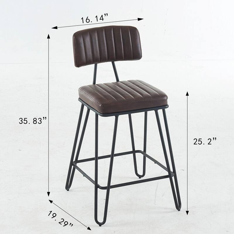 Industrial Bar Stools Set of 2, Counter Height Chairs with PU Leather Upholstery & Metal Frame