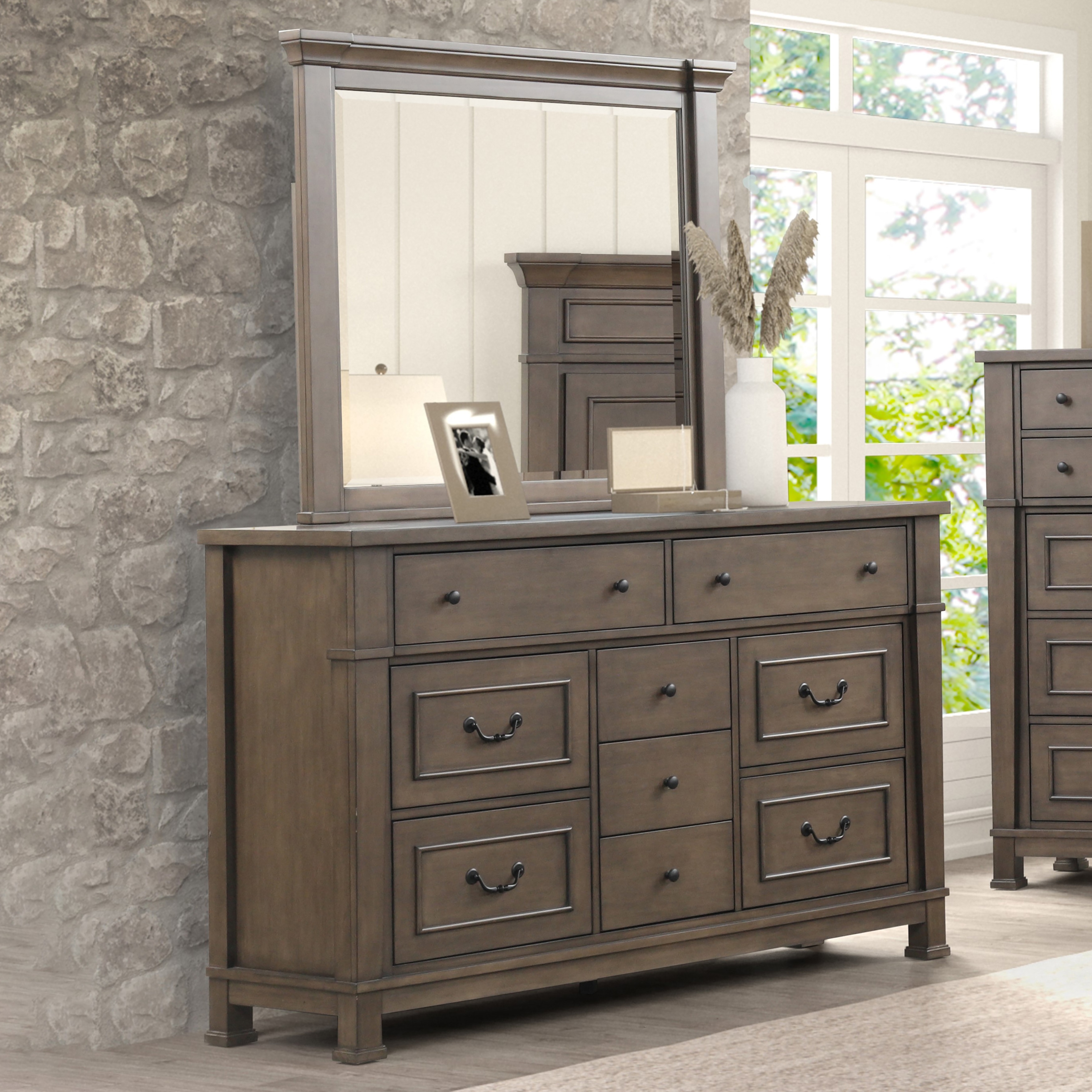 Furniture of America Quinlan Dark Walnut Wood 9-Drawer 2-Piece Dresser and Mirror Set