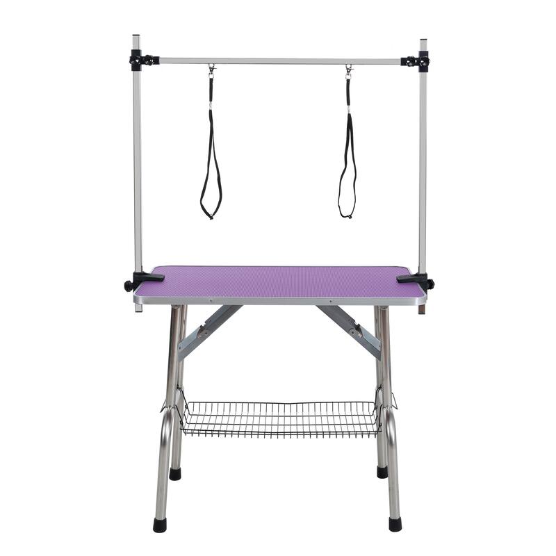 Anmytek Folding Pet Grooming Table Stainless Steel Frame Non Slip Purple Rubber Top with Safety Restraints and Storage Basket