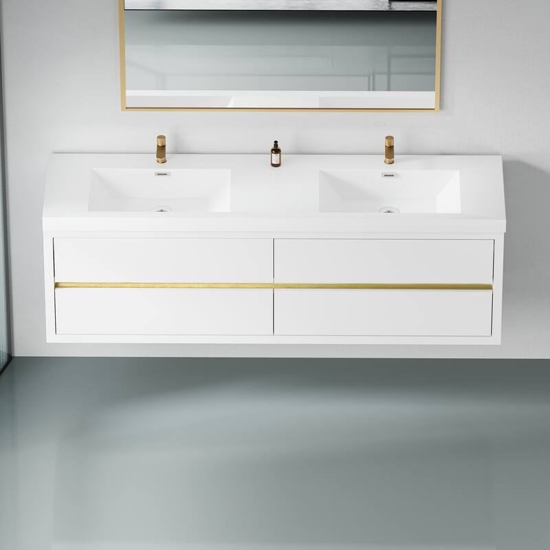 GDFStudio - Maxwell Floating Bathroom Vanity with Stone Resin Countertop & Soft-Close Drawers
