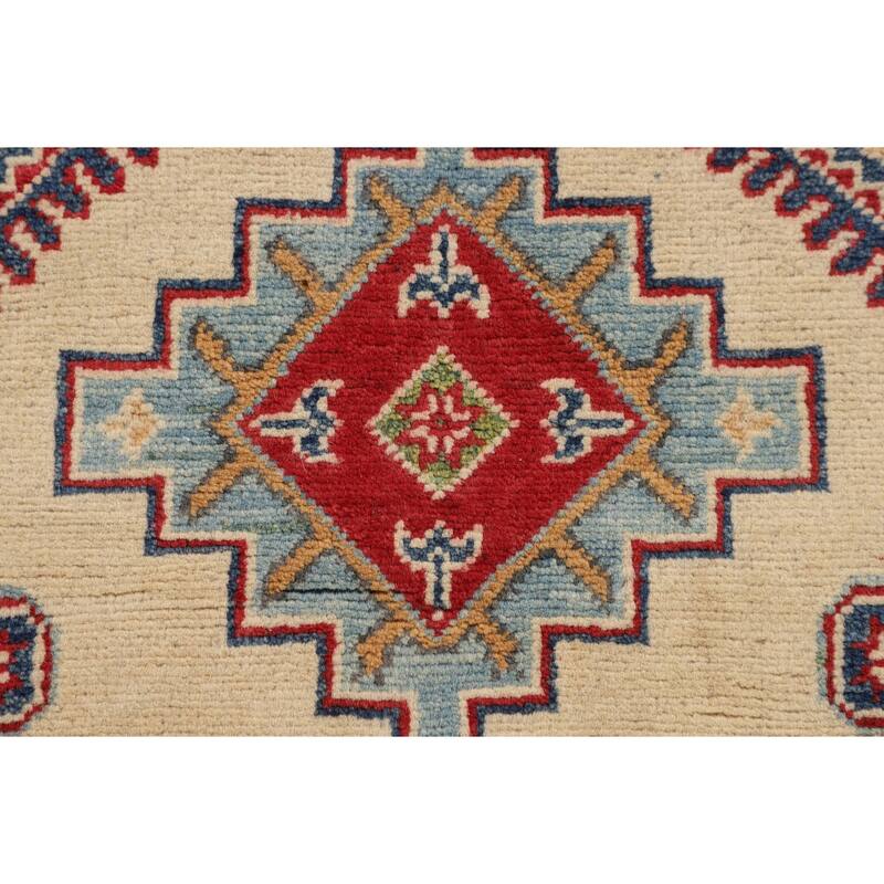Beige / Ivory Kazak Accent Rug Hand-Knotted Geometric Wool Carpet - 3'11" x 4'11"