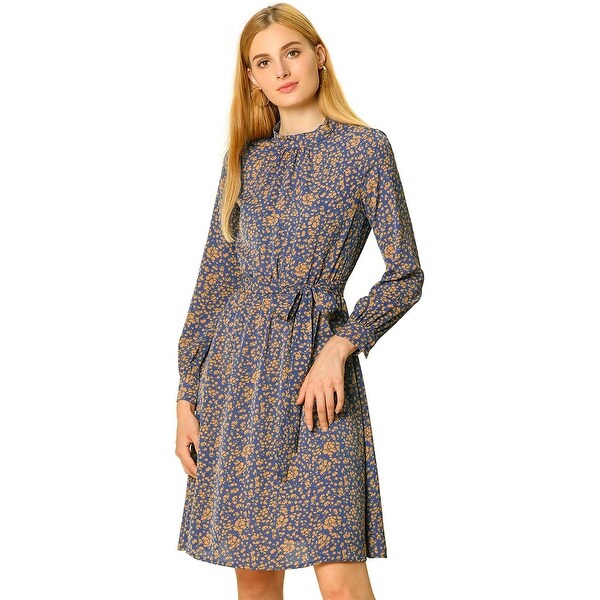 Women's Floral Flare Long Sleeve Mock Neck Tie Waist A-line Dress. Opens flyout.