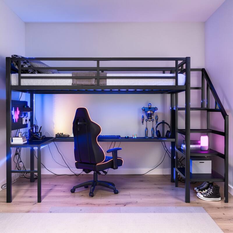 Twin XL/Full XL Metal Loft Bed with L-Shaped Desk, USB, LED Lights, Wardrobe & Storage Stairs for Kids/Teens/Adults - Black - Full