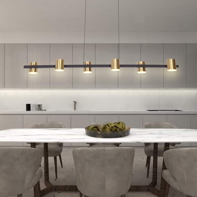 6-Light Modern Kitchen Island Linear Dimmable LED Pendant - Black+Brass