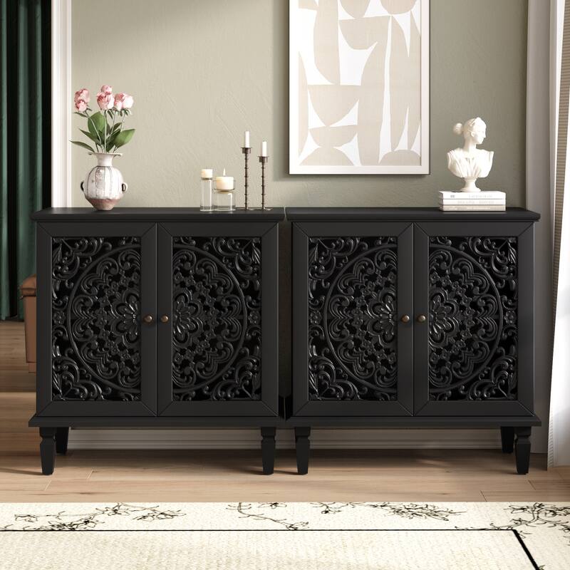 GDF Studio - Vintage Hollow-Carved Accent Cabinet, 2-Door Display Sideboard with Adjustable Shelf