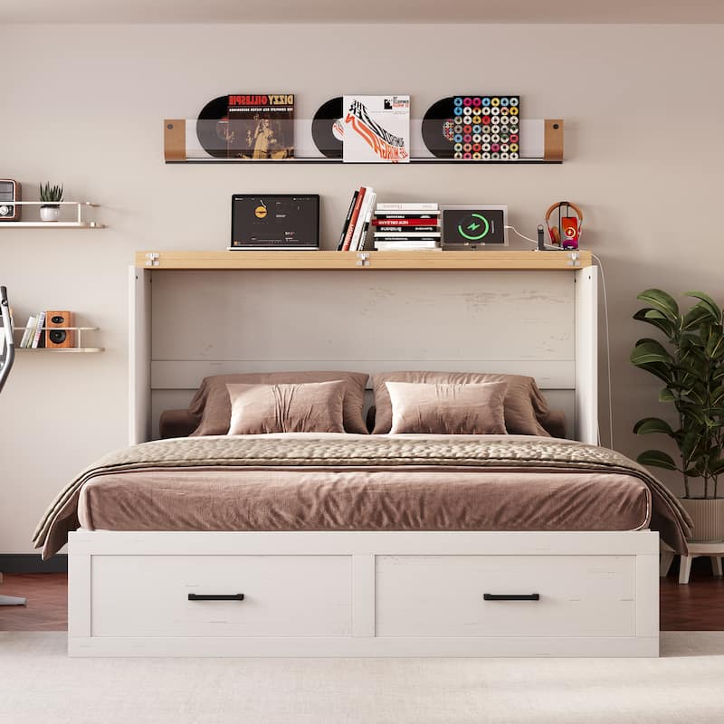 Queen Murphy Bed with Charging Station, Farmhouse Murphy Cabinet Bed with Large Storage Drawer, Hideaway Foldable Platform Bed