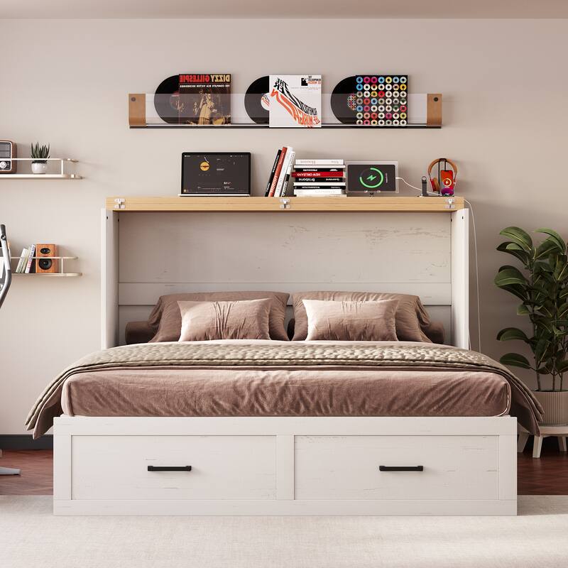 Queen Murphy Bed with Charging Station,Farmhouse Murphy Cabinet Bed with Large Storage Drawer,Hideaway Foldable Platform Bed