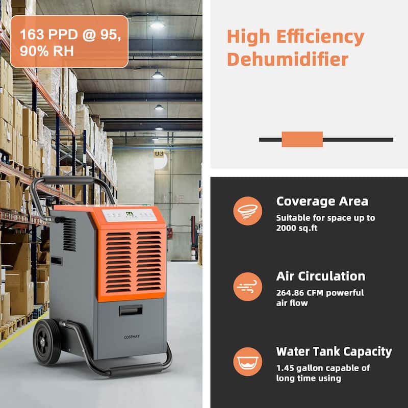 Costway 163-Pint Portable Commercial Dehumidifier with Water Tank & - 25'' x 17.5''x 31''