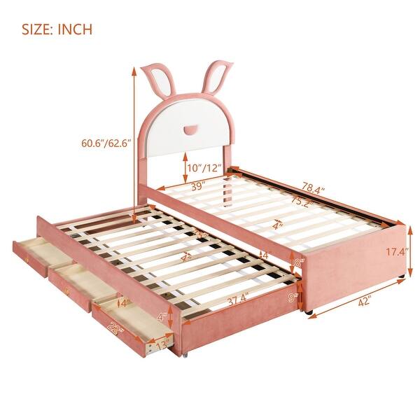 dimension image slide 2 of 4, Upholstered platform bed with headboard with shelves and drawers