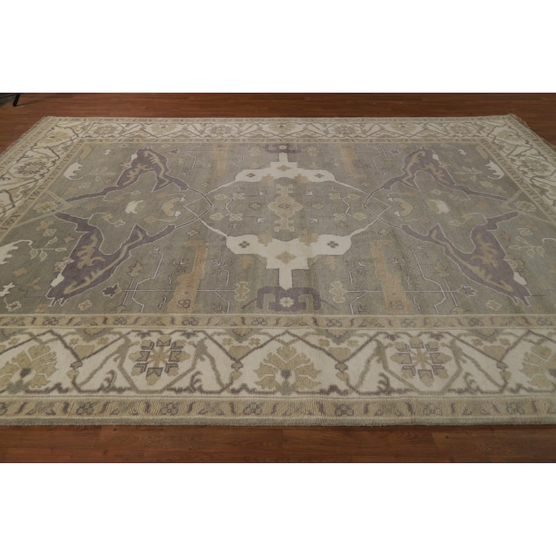 Transitional Beige Oushak Indian Area Rug Handmade Wool Carpet - 8'9" x 12'1"