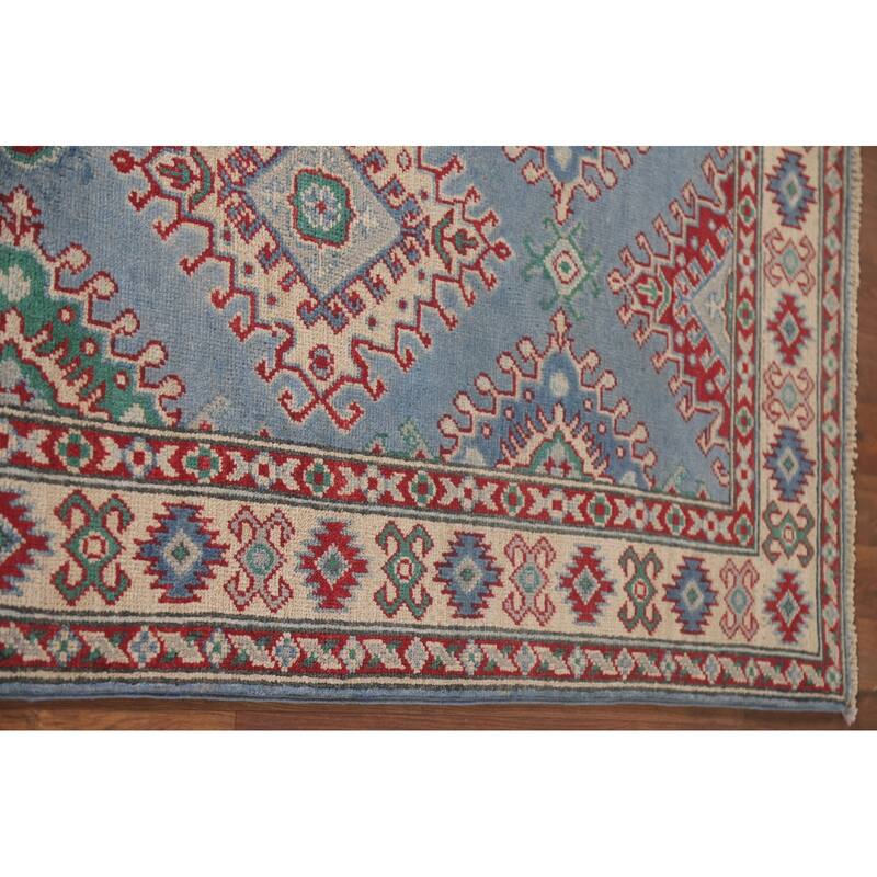 Hand Knotted Oriental 100% Wool Carpet Traditional Geometric Navy Blue & Blues Kazak Runner Rug - 8' 11'' X 2' 9''