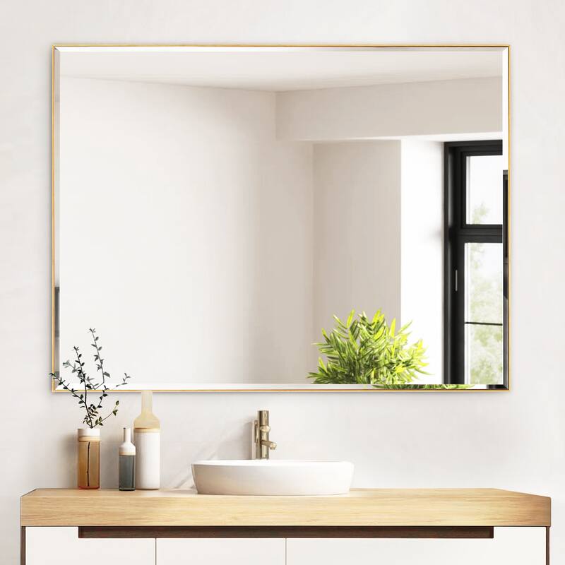 Aluminum Framed Rectangle Beveled Bathroom Wall Mirror - 40"W x 30"H - Gold