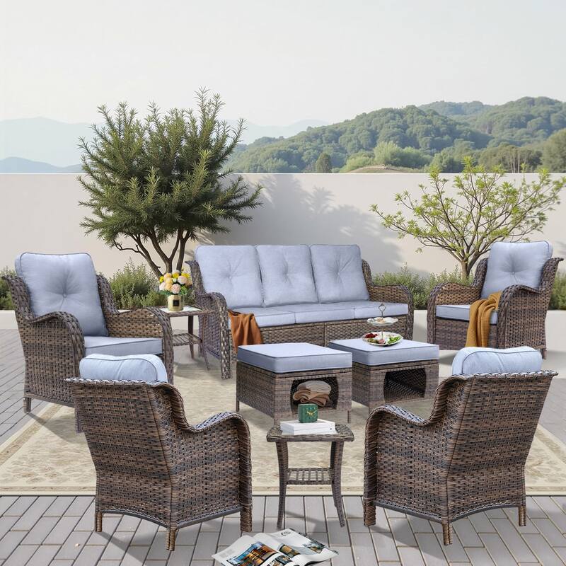 9 Piece Outdoor Patio Conversation Wicker Furniture Sofa Seating Sets