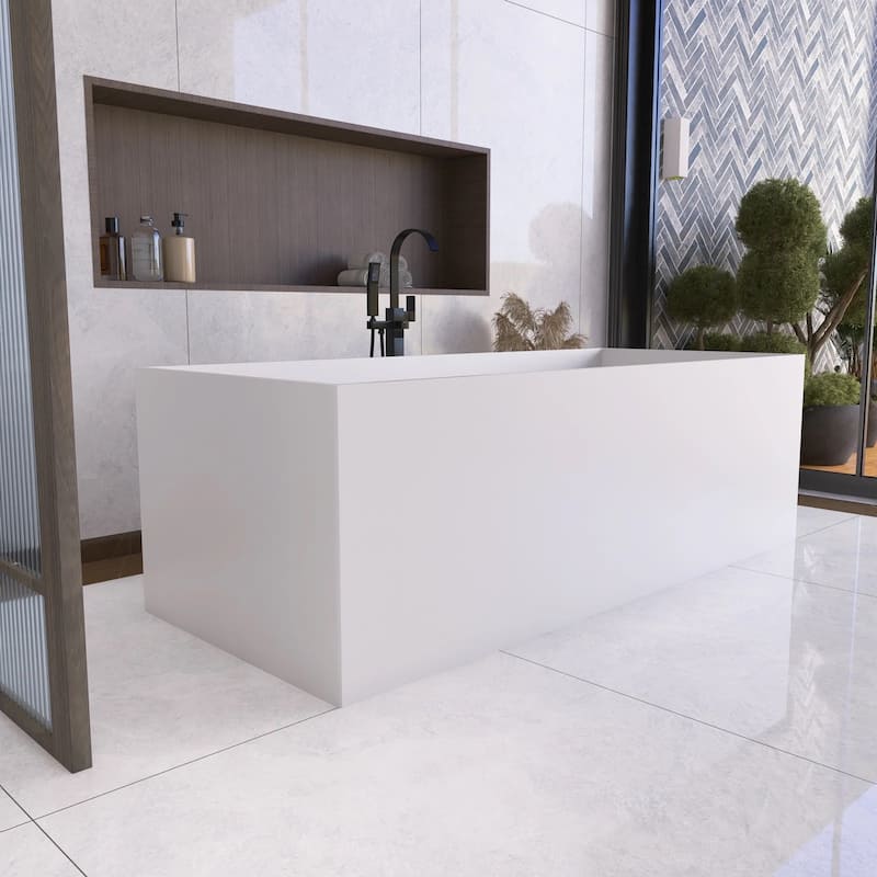 67 Inch Solid Surface Freestanding Soaking Bathtub in Matte White