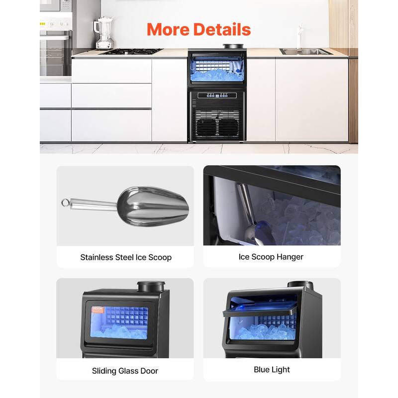 Black Stainless Steel Commercial Ice Maker with 36 Trays, Dual Water Inlets and Self Cleaning - 13.7 x 13.2 x 25.2 in