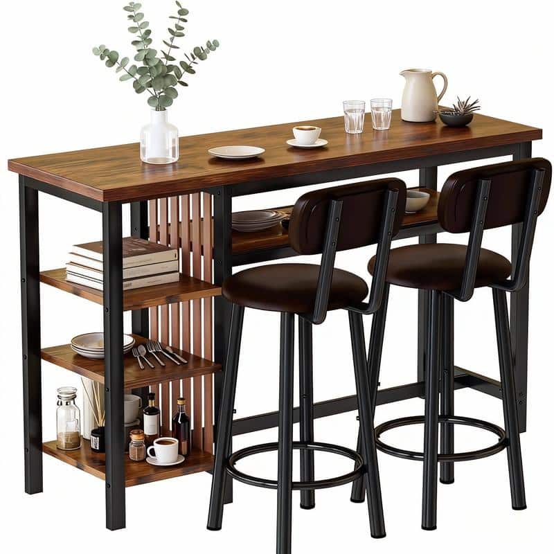 3-Piece Dining Room Table Set with 2 Upholstered Bar Stools, Modern Farmhouse Bar Table Set for 2 with Multiple Tier Shelves