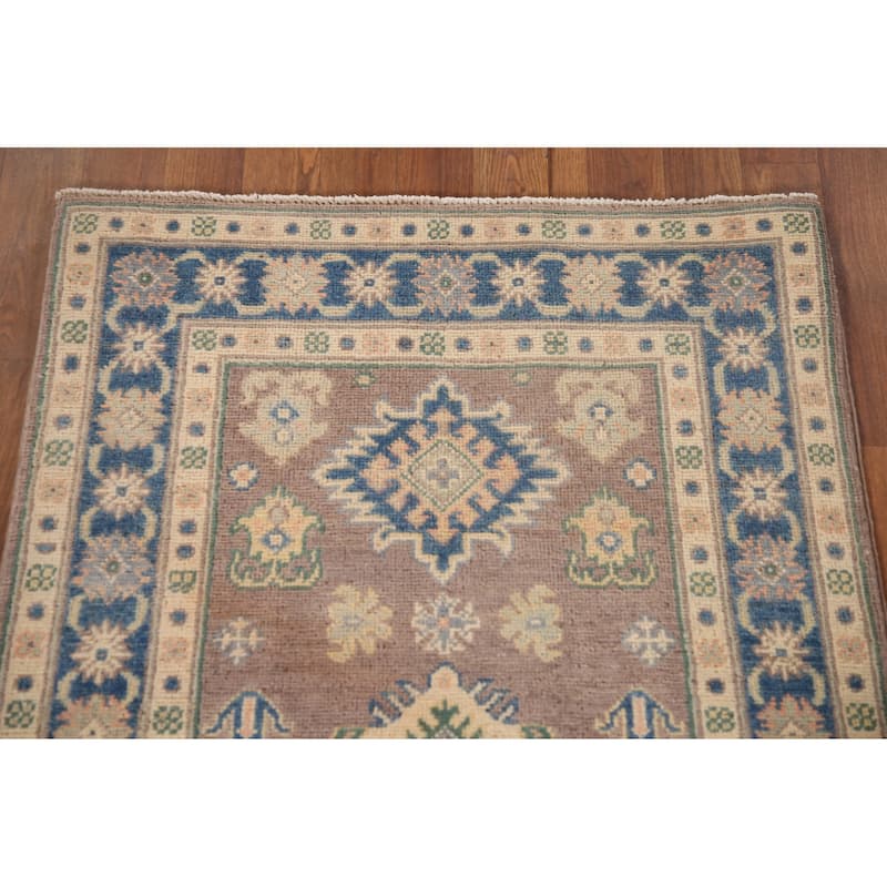 Geometric Kazak Oriental Accent Rug Handmade Brown Wool Carpet - 2'8" x 4'2"