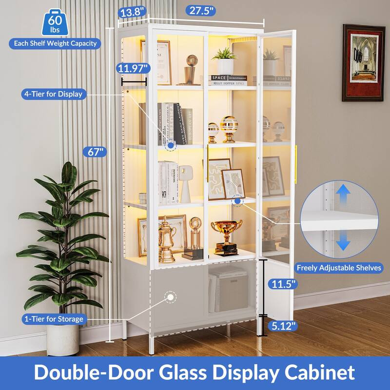 5-Tier Tempered Glass Curio Display Cabinet with Doors, Adjustable Shelves and 13 Color Lights - 67"H x 27.5"W x 13.8"D