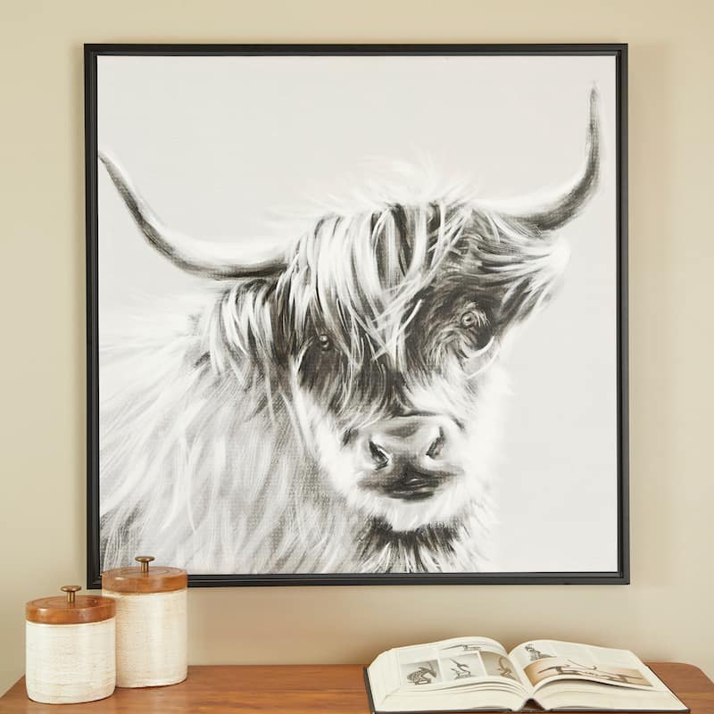 Canvas Bull Shaded Framed Wall Art with Black Frame - White - Roche River Decor