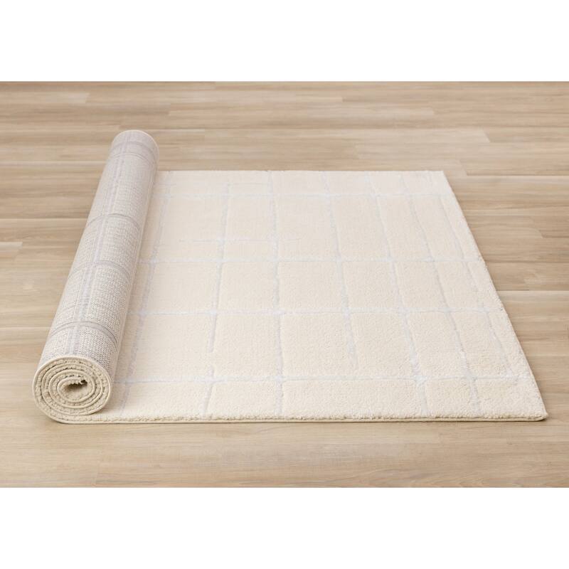 Sutton Collection - Plush Polyester Cream White Lines Area Rug