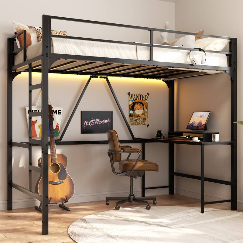 Twin Size Loft Bed with Desk and Power Outlet, Metal Bunk Bed with Desk Underneath with LED Lights - Black - Twin
