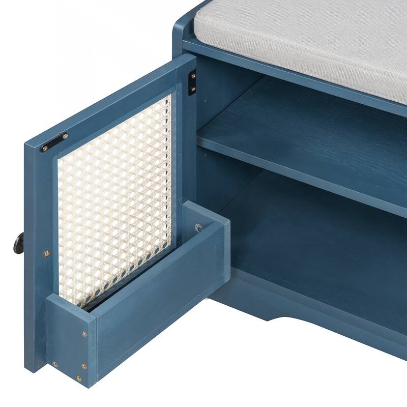 Rustic Storage Bench Multifunctional Wood Entryway Shoe Bench with Removable Cushion, Woven Rattan Doors & Adjustable Shelves