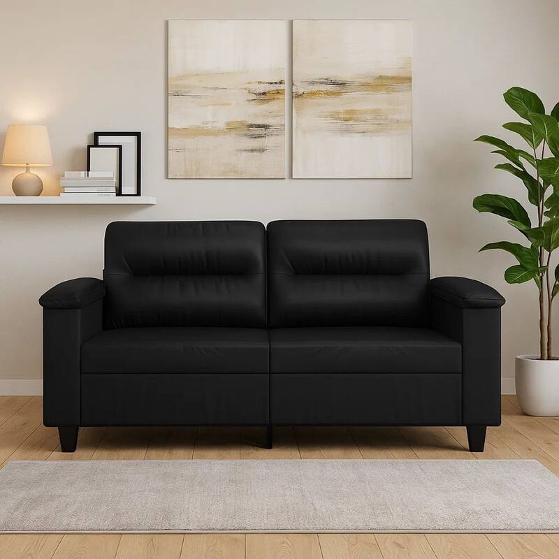 2 Seater Sofa, Black Faux Leather, Tufted Cushions, Steel, 59 Inch