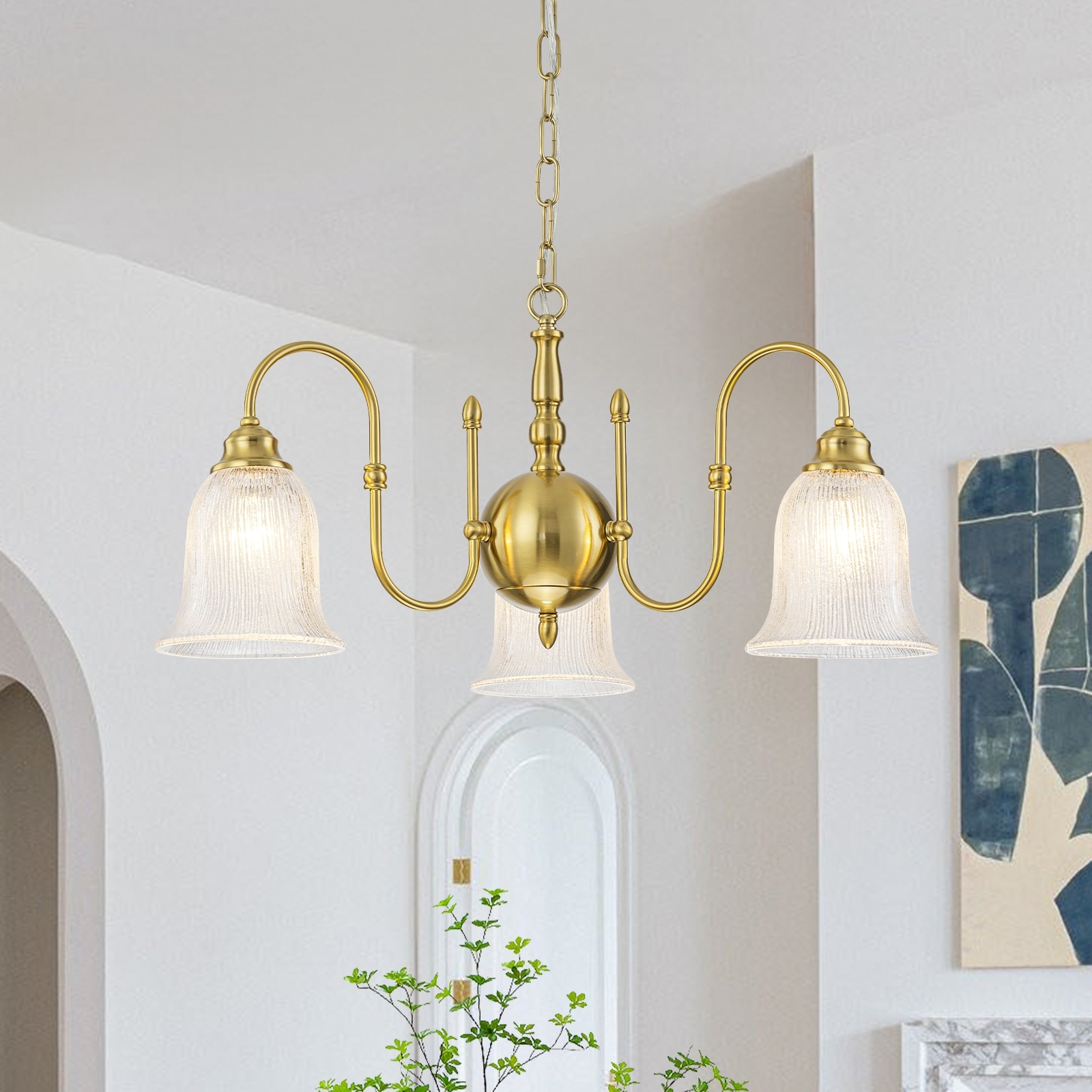Vintage Gold S-Arm Chandelier with Frosted Glass Bell Shades