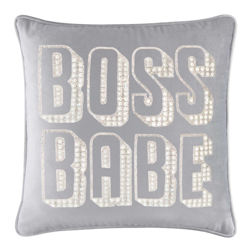 Boss Babe Pillow, Pearls and Rhinestones on Velvet, Feather Insert - Silver