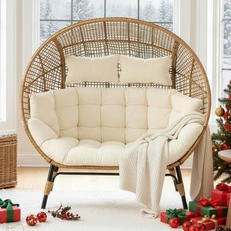 FINCATI 2-Person Indoor/Outdoor Wicker Egg Chair Loveseat, 57.1-in Wide, 6.5-in Cushion, 680-lb Capacity - Beige