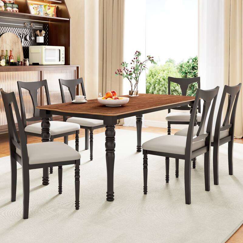 7-Piece Dining Table Set with Rustic Extendable Dining Table, Padded Dining Chairs with High Backrest
