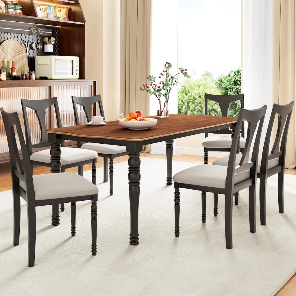 7-Piece Extendable Wood Dining Table Set with Removable Leaf and 6 Durable Chairs for Kitchen Use
